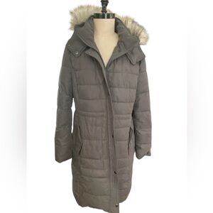Merona Grey Long Fur Lined Hooded Puffer Jacket Coat